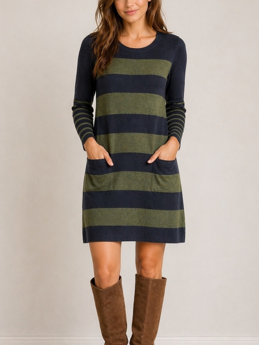 rag & bone Knit Striped Sweater Dress Medium Navy Green Olive Pockets